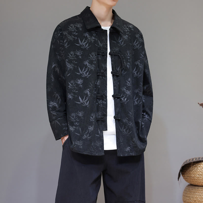 Buddha Stones Jacquard Leaves Pattern Frog-Button Long Sleeve Men's Cotton Tang Suit Jacket - Black - US/UK/AU46，EU56 (5XL) - image 0