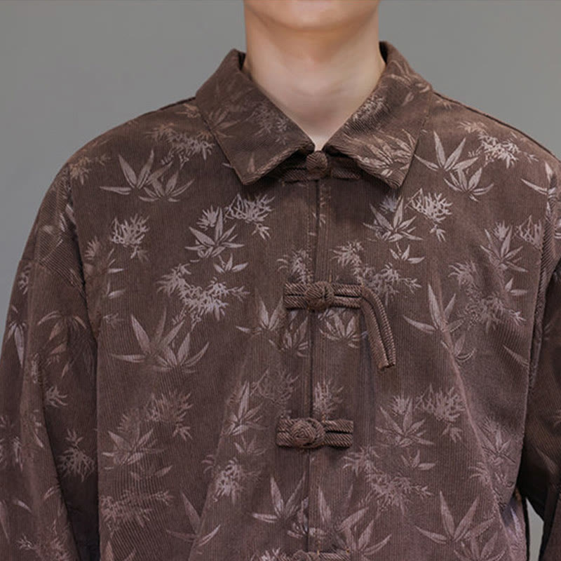 Buddha Stones Jacquard Leaves Pattern Frog-Button Long Sleeve Men's Cotton Tang Suit Jacket - image 34