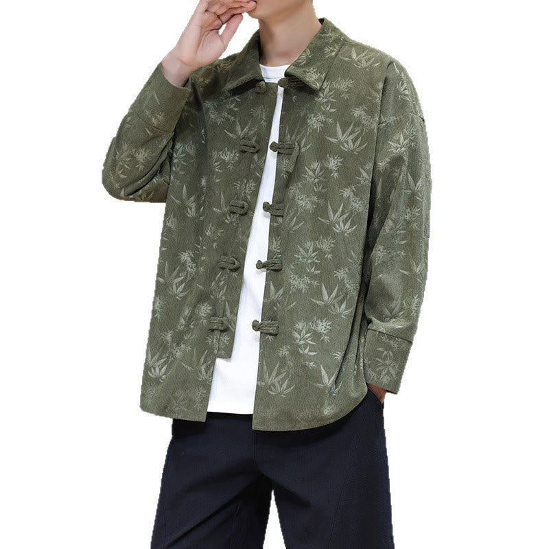 Buddha Stones Jacquard Leaves Pattern Frog-Button Long Sleeve Men's Cotton Tang Suit Jacket - image 24