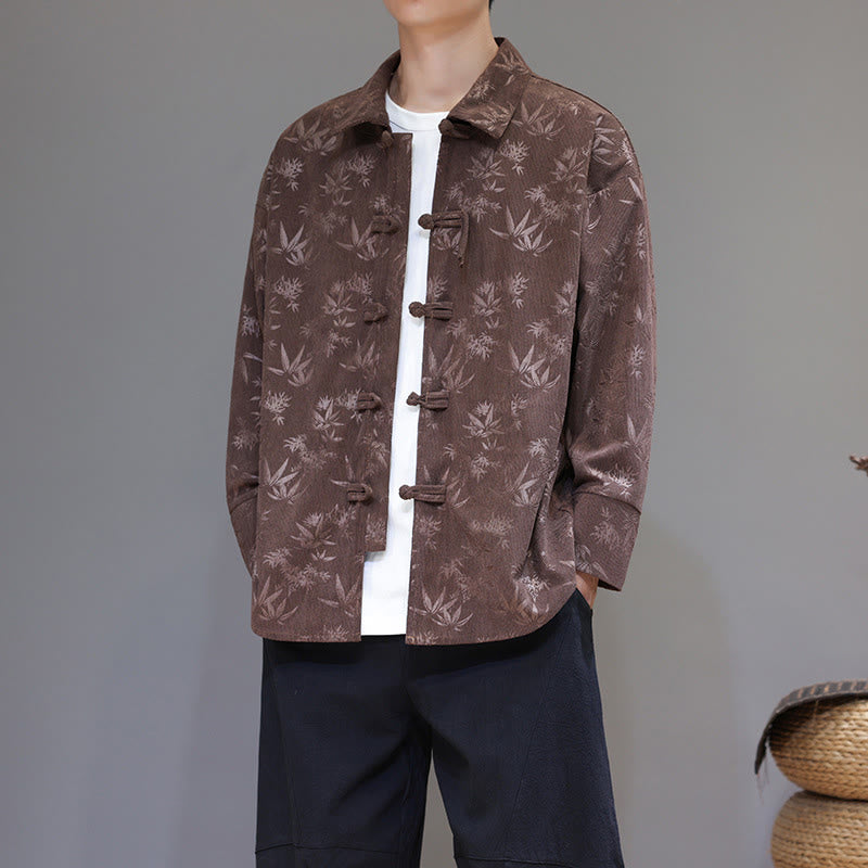 Buddha Stones Jacquard Leaves Pattern Frog-Button Long Sleeve Men's Cotton Tang Suit Jacket - Sienna - US/UK/AU46，EU56 (5XL) - image 25