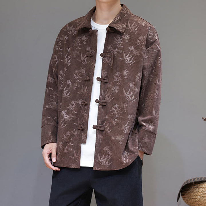 Buddha Stones Jacquard Leaves Pattern Frog-Button Long Sleeve Men's Cotton Tang Suit Jacket - image 29