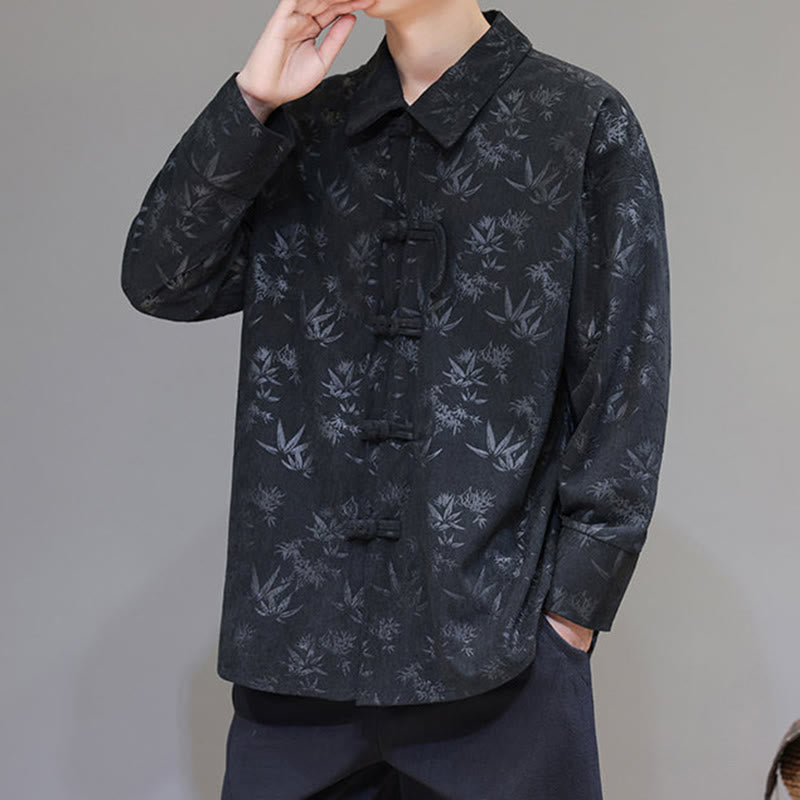 Buddha Stones Jacquard Leaves Pattern Frog-Button Long Sleeve Men's Cotton Tang Suit Jacket - image 4