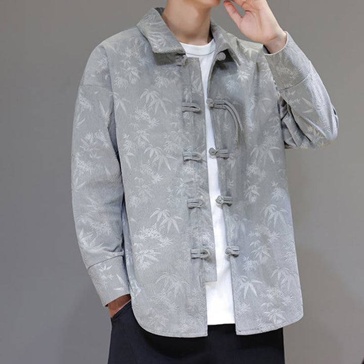 Buddha Stones Jacquard Leaves Pattern Frog-Button Long Sleeve Men's Cotton Tang Suit Jacket - image 15