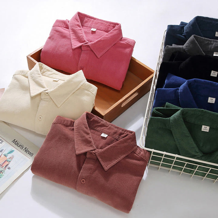 Buddha Stones Men's Solid Color Buttons Design Long Sleeve Pure Cotton Corduroy Shirt - image 21