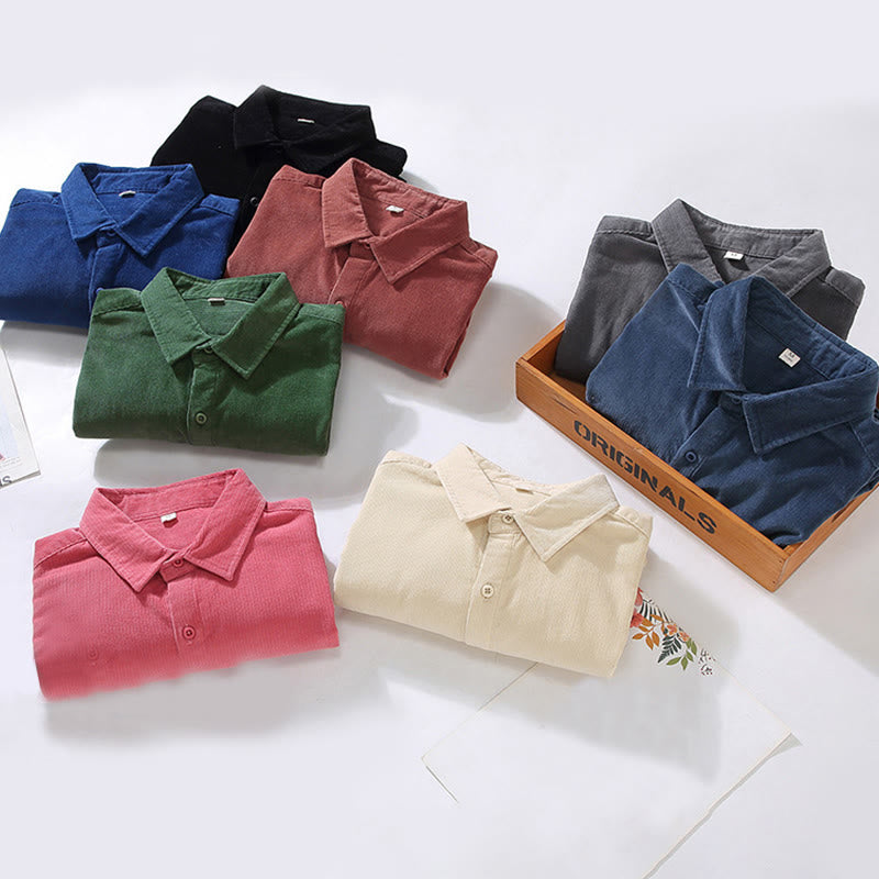 Buddha Stones Men's Solid Color Buttons Design Long Sleeve Pure Cotton Corduroy Shirt - image 22