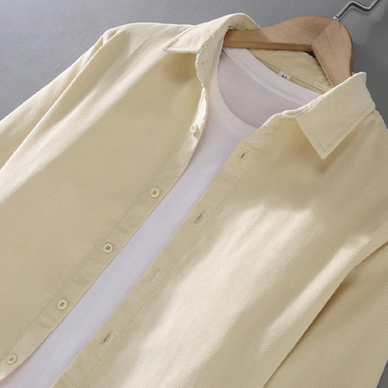 Buddha Stones Men's Solid Color Buttons Design Long Sleeve Pure Cotton Corduroy Shirt - image 6