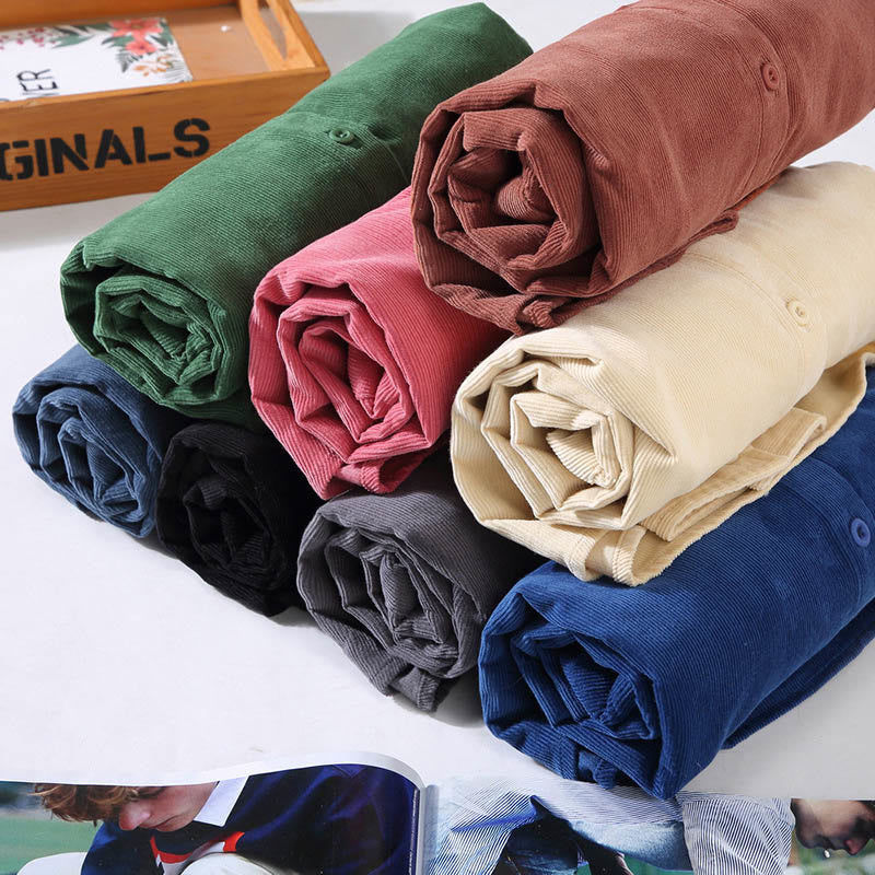 Buddha Stones Men's Solid Color Buttons Design Long Sleeve Pure Cotton Corduroy Shirt - image 23