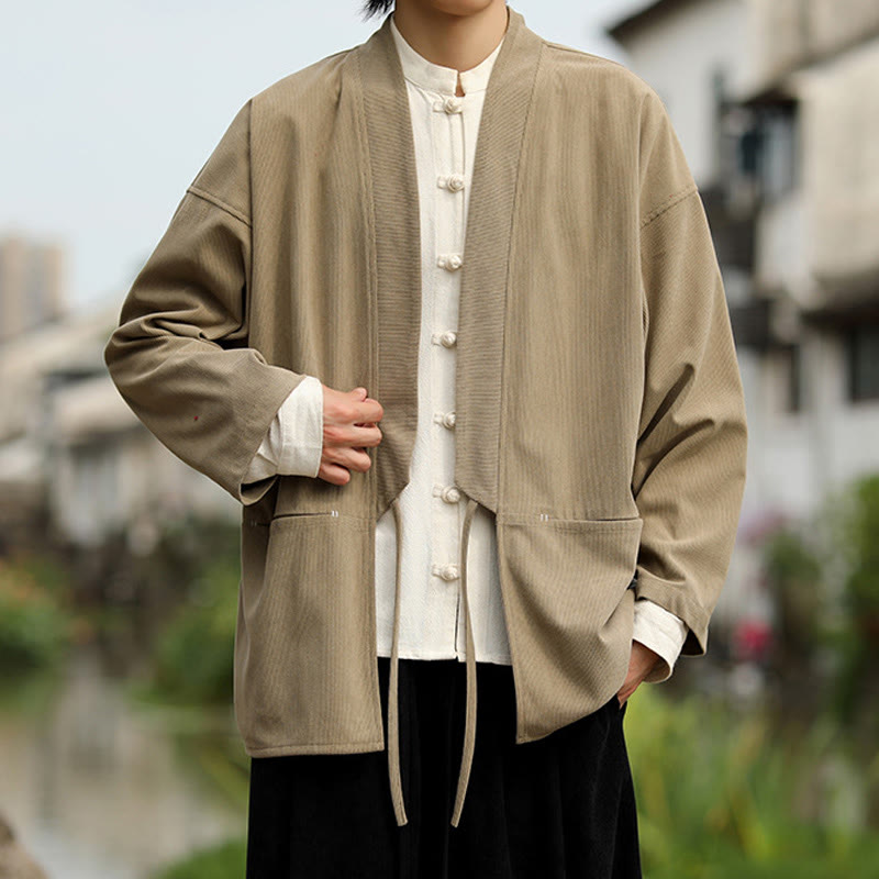 Buddha Stones Solid Color Open Front Long Sleeve Jacket Men's Cotton Corduroy Kimono With Pockets - image 4
