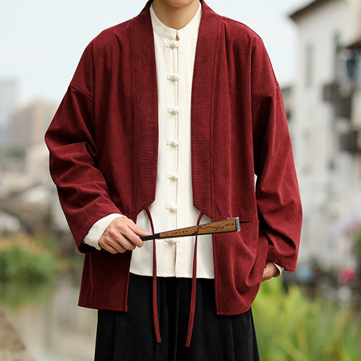 Buddha Stones Solid Color Open Front Long Sleeve Jacket Men's Cotton Corduroy Kimono With Pockets - image 12