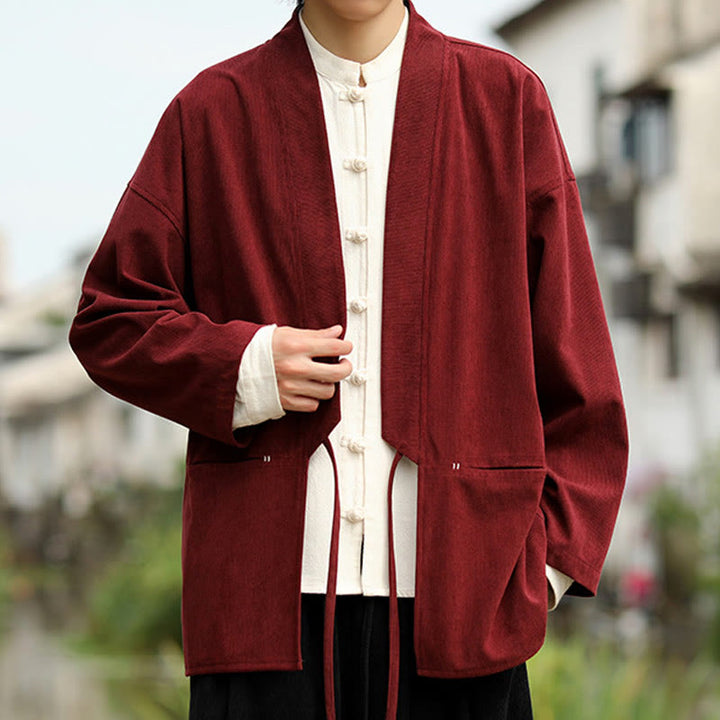 Buddha Stones Solid Color Open Front Long Sleeve Jacket Men's Cotton Corduroy Kimono With Pockets - image 10