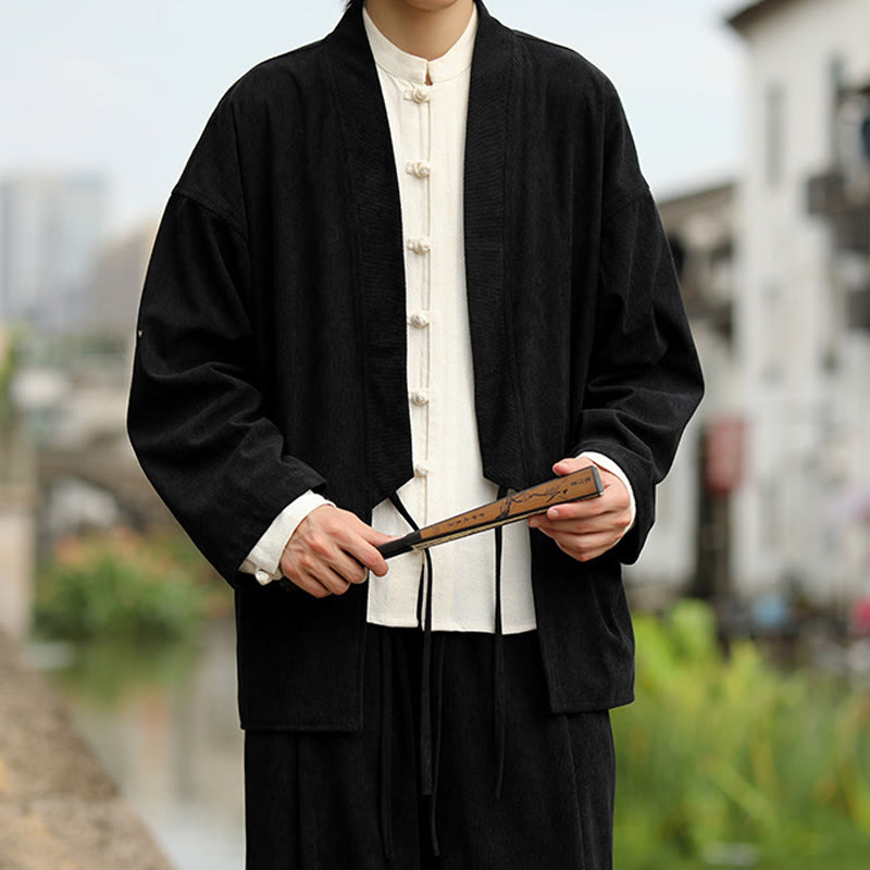 Buddha Stones Solid Color Open Front Long Sleeve Jacket Men's Cotton Corduroy Kimono With Pockets - image 14