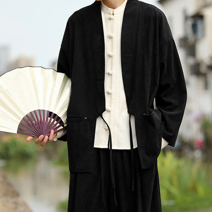 Buddha Stones Solid Color Open Front Long Sleeve Jacket Men's Cotton Corduroy Kimono With Pockets - image 15