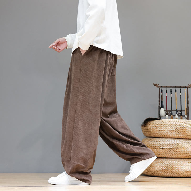 Buddha Stones Plain Color Pure Cotton Corduroy Men's Harem Pants With Pockets - image 6