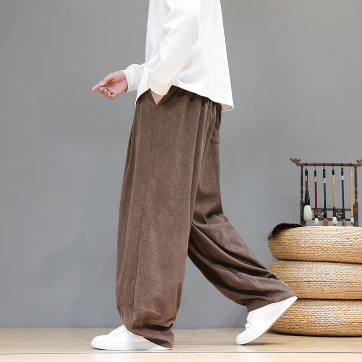 Buddha Stones Plain Color Pure Cotton Corduroy Men's Harem Pants With Pockets - image 6