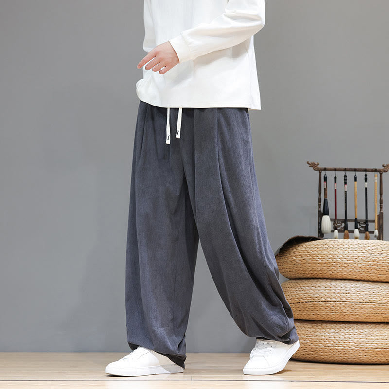 Buddha Stones Plain Color Pure Cotton Corduroy Men's Harem Pants With Pockets - image 11