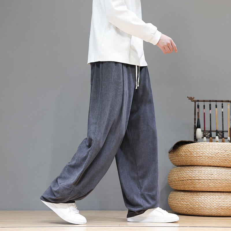 Buddha Stones Plain Color Pure Cotton Corduroy Men's Harem Pants With Pockets - image 12