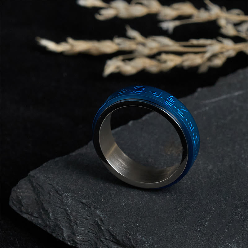 Buddha Stones Tibetan Scriptures Blue Pharmacist Mantra Titanium Steel Spinner Balance Ring - image 2