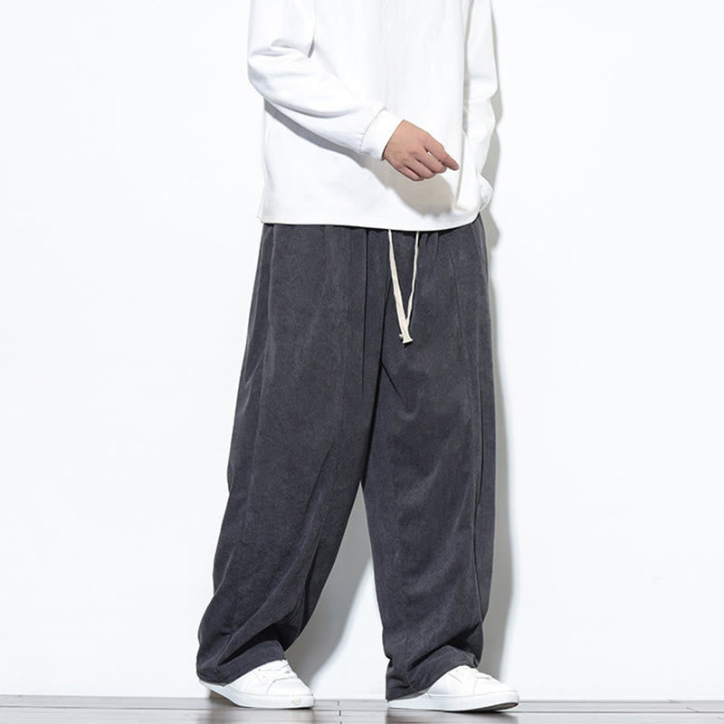 Buddha Stones Plain Drawstring Pure Cotton Corduroy Men's Harem Pants With Pockets - image 14
