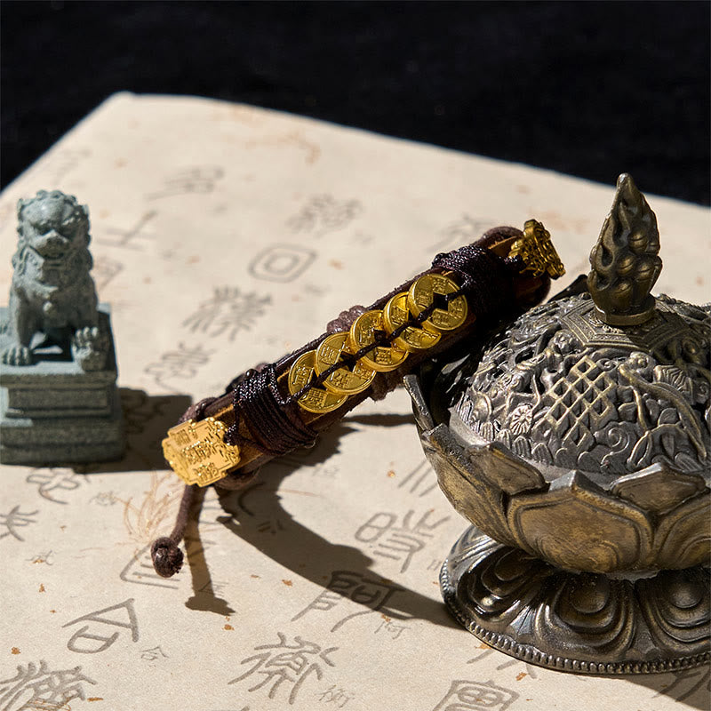Buddha Stones Five-emperor Coins Pi Xiu Wealth Leather Rope Bracelet  - image 1