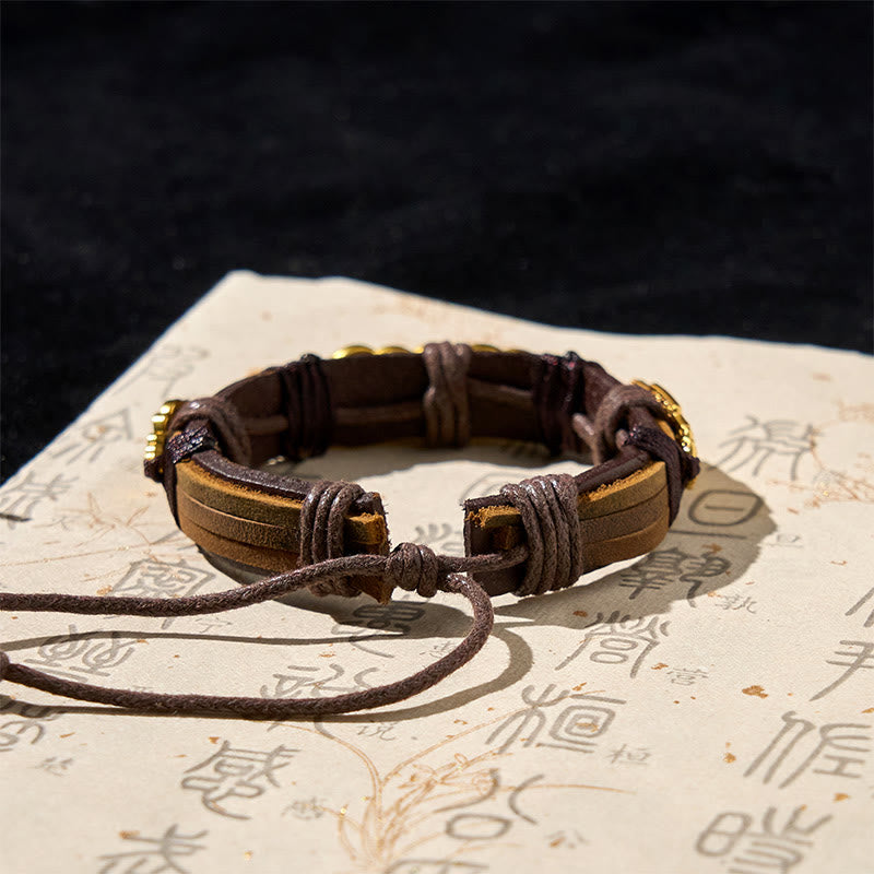 Buddha Stones Five-emperor Coins Pi Xiu Wealth Leather Rope Bracelet  - image 4