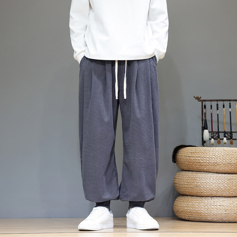 Buddha Stones Fall Plain Drawstring Simple Design Men's Harem Cotton Corduroy Pants With Pockets - image 1