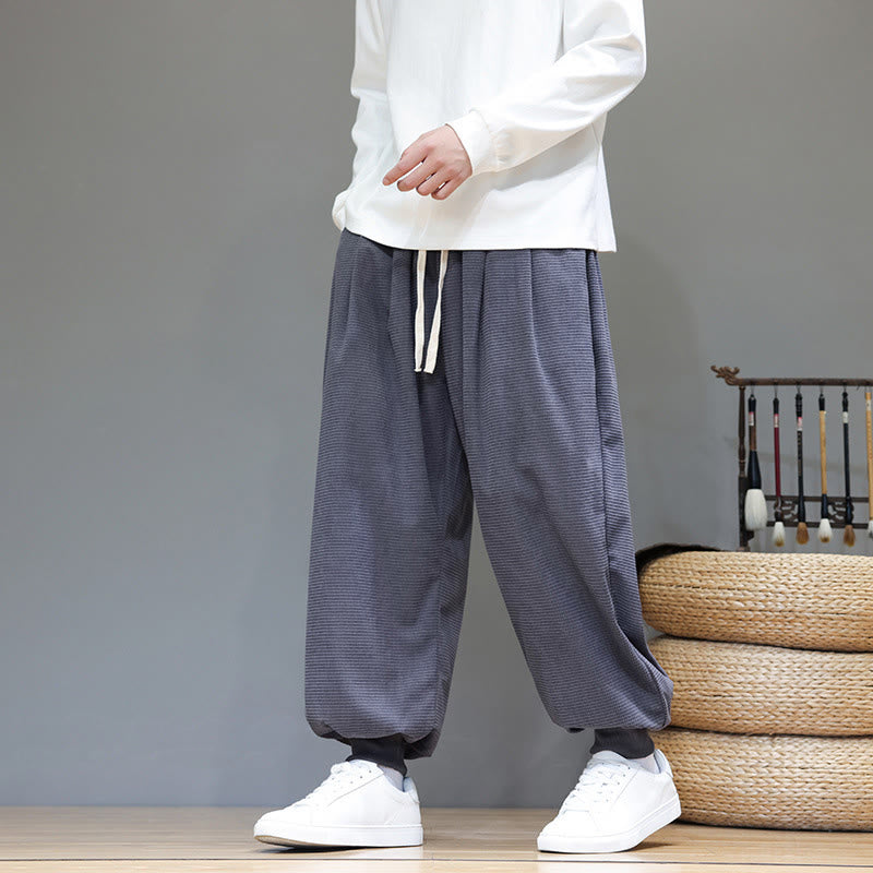 Buddha Stones Fall Plain Drawstring Simple Design Men's Harem Cotton Corduroy Pants With Pockets - image 0