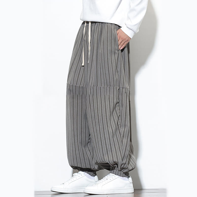 Buddha Stones Fall Striped Pattern Drawstring Men's Harem Corduroy Pants With Pockets - image 34