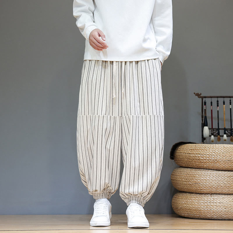 Buddha Stones Fall Striped Pattern Drawstring Men's Harem Corduroy Pants With Pockets - image 25