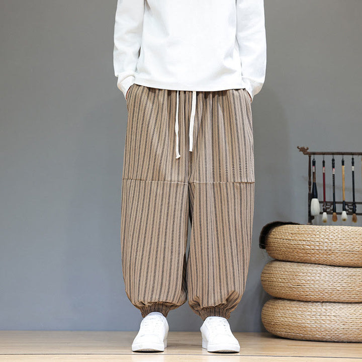 Buddha Stones Fall Striped Pattern Drawstring Men's Harem Corduroy Pants With Pockets - image 62