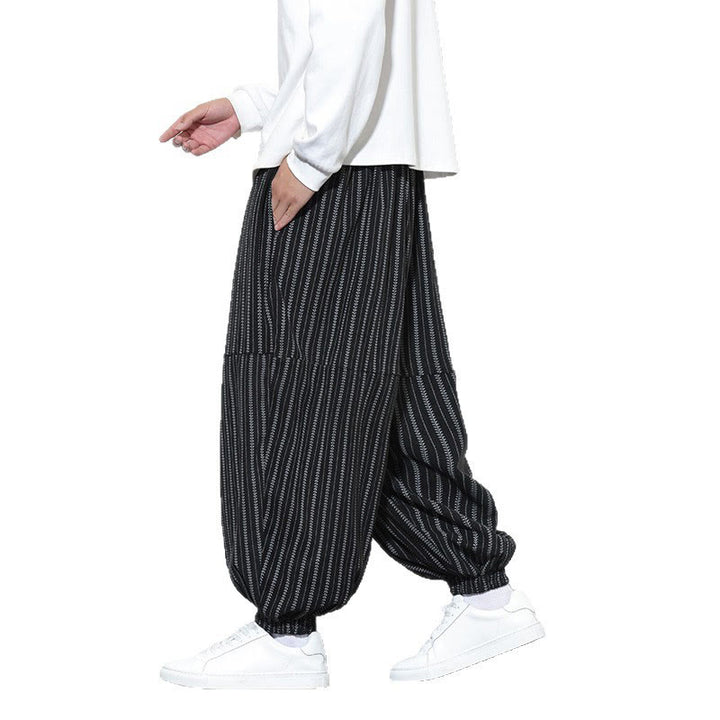 Buddha Stones Fall Striped Pattern Drawstring Men's Harem Corduroy Pants With Pockets - image 16
