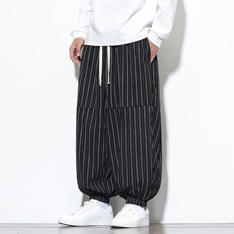 Buddha Stones Fall Striped Pattern Drawstring Men's Harem Corduroy Pants With Pockets - image 9