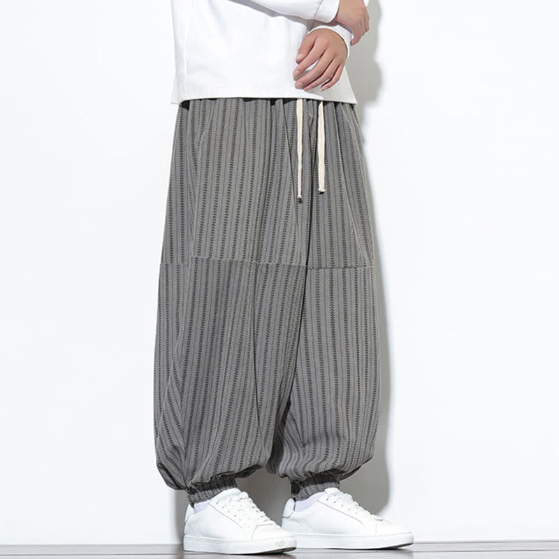 Buddha Stones Fall Striped Pattern Drawstring Men's Harem Corduroy Pants With Pockets - image 39