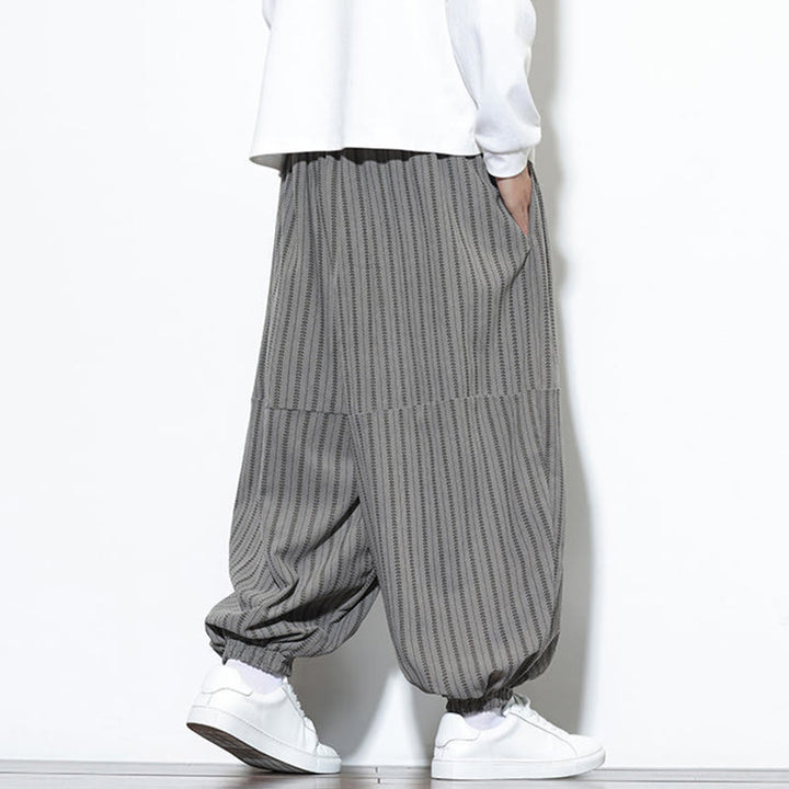 Buddha Stones Fall Striped Pattern Drawstring Men's Harem Corduroy Pants With Pockets - image 35