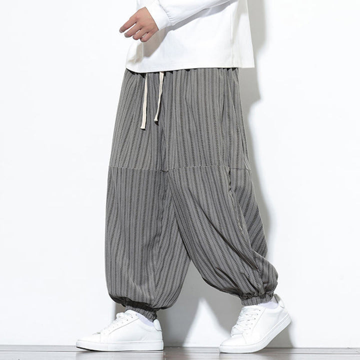 Buddha Stones Fall Striped Pattern Drawstring Men's Harem Corduroy Pants With Pockets - image 36