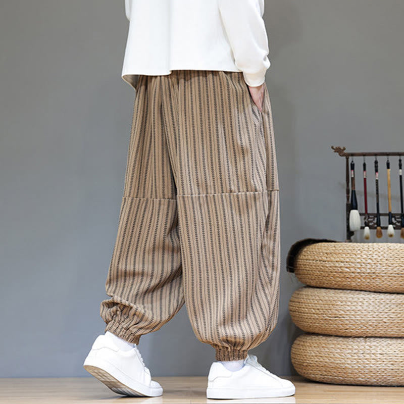 Buddha Stones Fall Striped Pattern Drawstring Men's Harem Corduroy Pants With Pockets - image 68