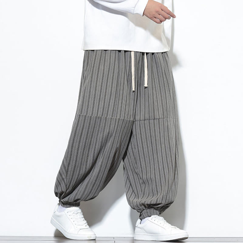 Buddha Stones Fall Striped Pattern Drawstring Men's Harem Corduroy Pants With Pockets - image 37