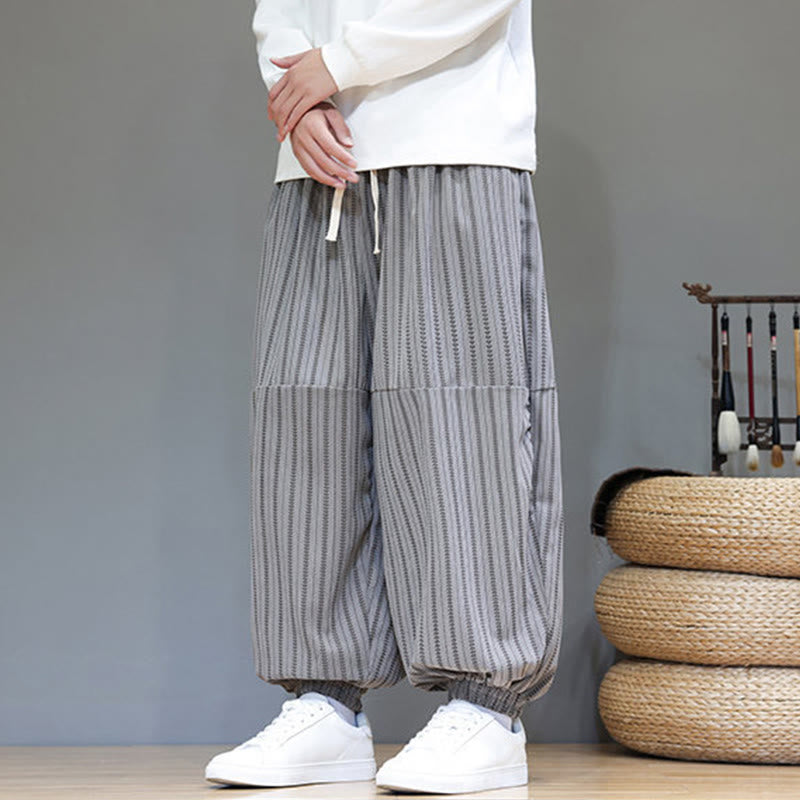 Buddha Stones Fall Striped Pattern Drawstring Men's Harem Corduroy Pants With Pockets - image 45
