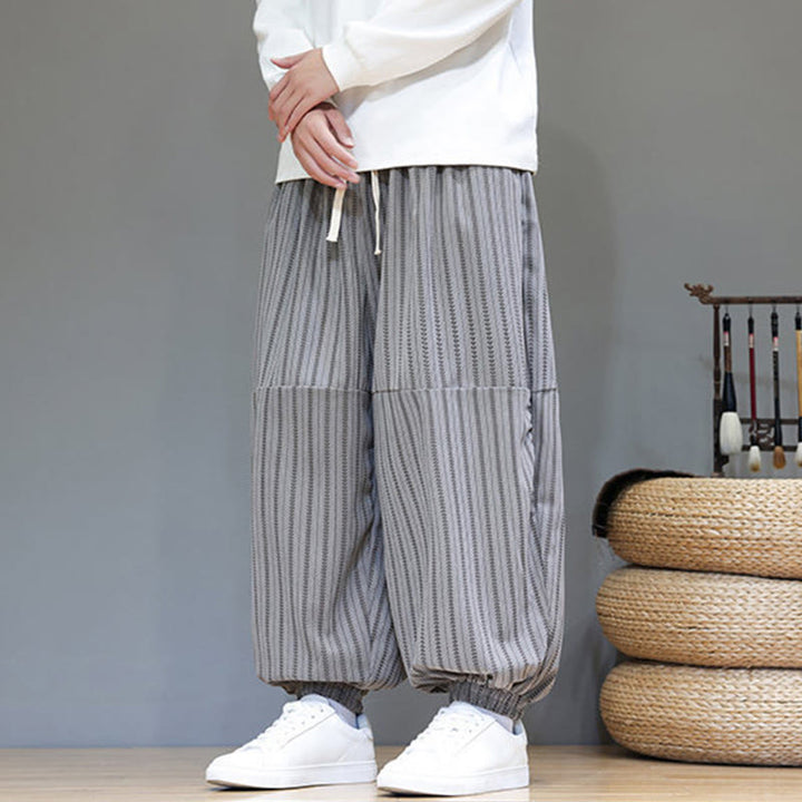 Buddha Stones Fall Striped Pattern Drawstring Men's Harem Corduroy Pants With Pockets - image 45