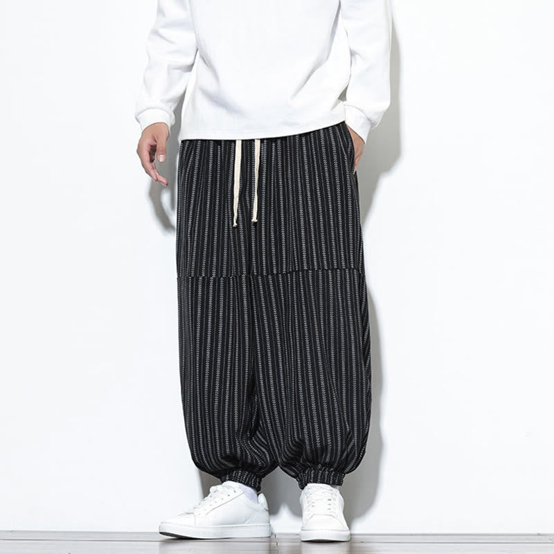 Buddha Stones Fall Striped Pattern Drawstring Men's Harem Corduroy Pants With Pockets - image 11