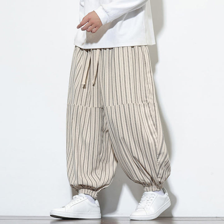 Buddha Stones Fall Striped Pattern Drawstring Men's Harem Corduroy Pants With Pockets - image 18