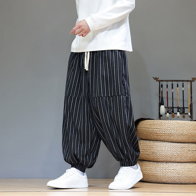 Buddha Stones Fall Striped Pattern Drawstring Men's Harem Corduroy Pants With Pockets - image 0