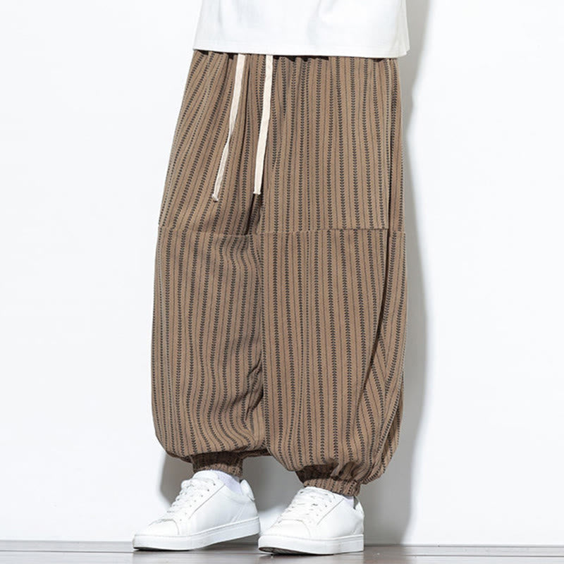 Buddha Stones Fall Striped Pattern Drawstring Men's Harem Corduroy Pants With Pockets - image 60