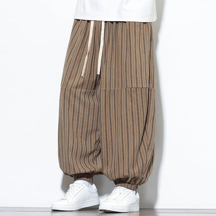 Buddha Stones Fall Striped Pattern Drawstring Men's Harem Corduroy Pants With Pockets - image 60