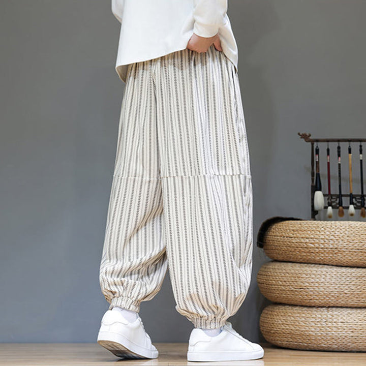 Buddha Stones Fall Striped Pattern Drawstring Men's Harem Corduroy Pants With Pockets - image 31