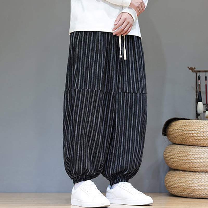 Buddha Stones Fall Striped Pattern Drawstring Men's Harem Corduroy Pants With Pockets - image 4