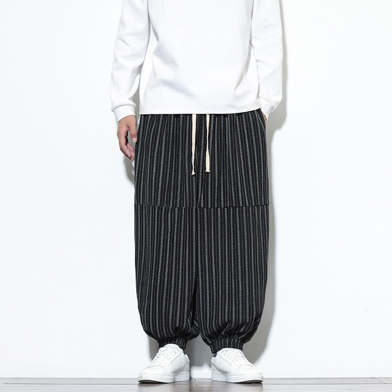 Buddha Stones Fall Striped Pattern Drawstring Men's Harem Corduroy Pants With Pockets - Black - US/UK/AU46，EU56 (5XL) - image 8