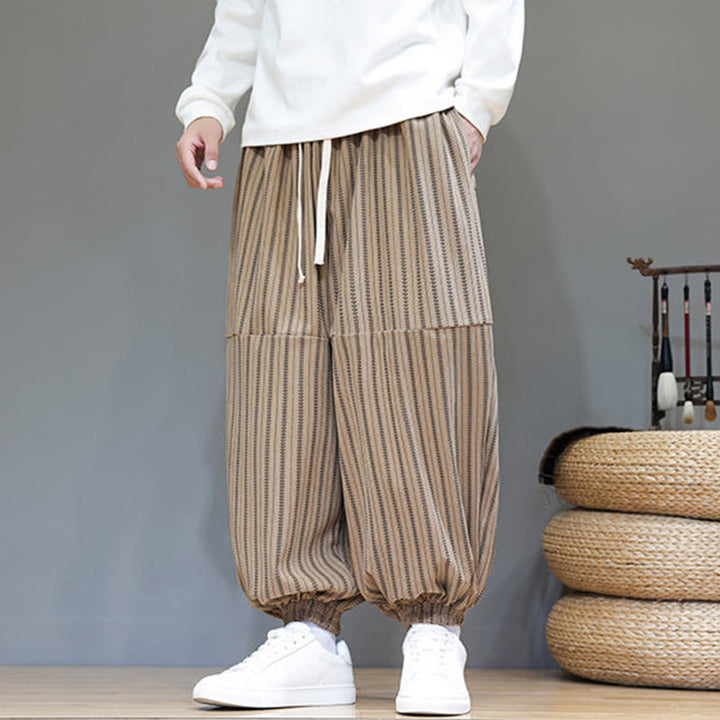 Buddha Stones Fall Striped Pattern Drawstring Men's Harem Corduroy Pants With Pockets - image 66