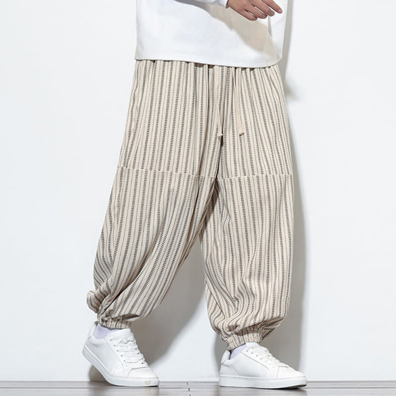 Buddha Stones Fall Striped Pattern Drawstring Men's Harem Corduroy Pants With Pockets - image 19