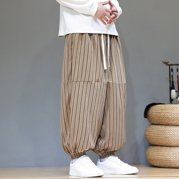Buddha Stones Fall Striped Pattern Drawstring Men's Harem Corduroy Pants With Pockets - image 65