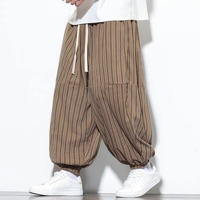 Buddha Stones Fall Striped Pattern Drawstring Men's Harem Corduroy Pants With Pockets - image 55
